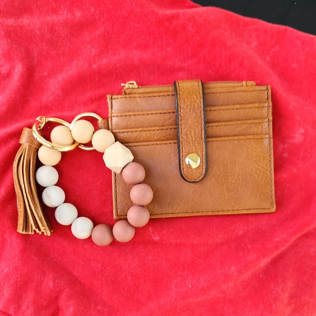 Brown Leather Card Holder With Beaded Keychain
